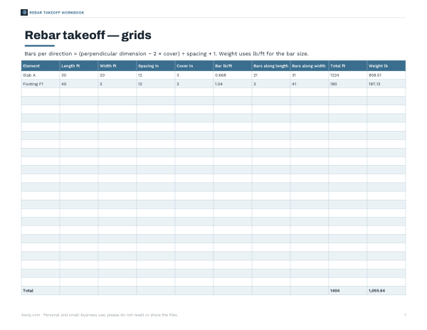 Preview of Printable Rebar Weight Takeoff Sheet